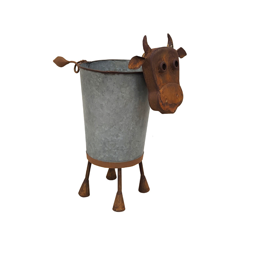 Rusty Cow Planter with Galv Pot - 37cms