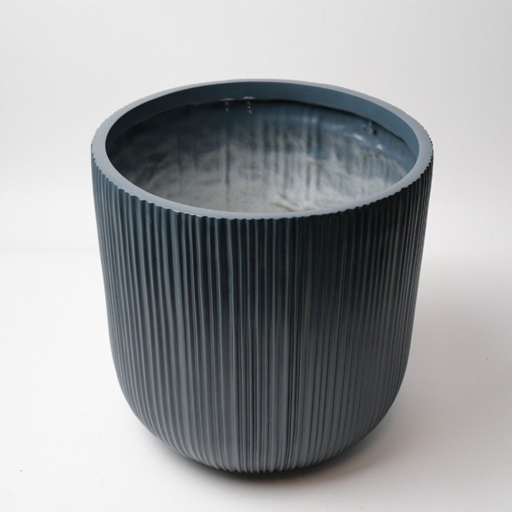 Charcoal Blue Ribbed Polyresin Pot 26cms