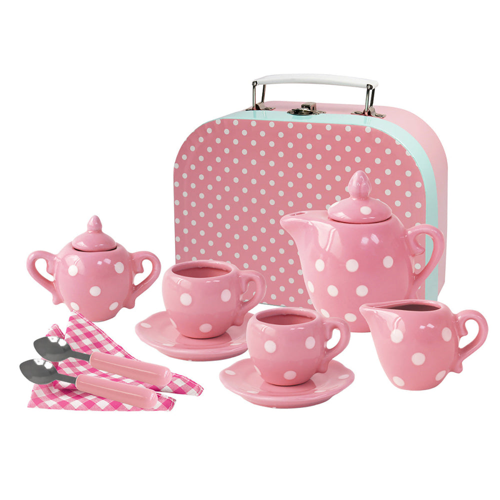 Charming Pink Polka Dot Porcelain Tea Set - 13-Piece Collection