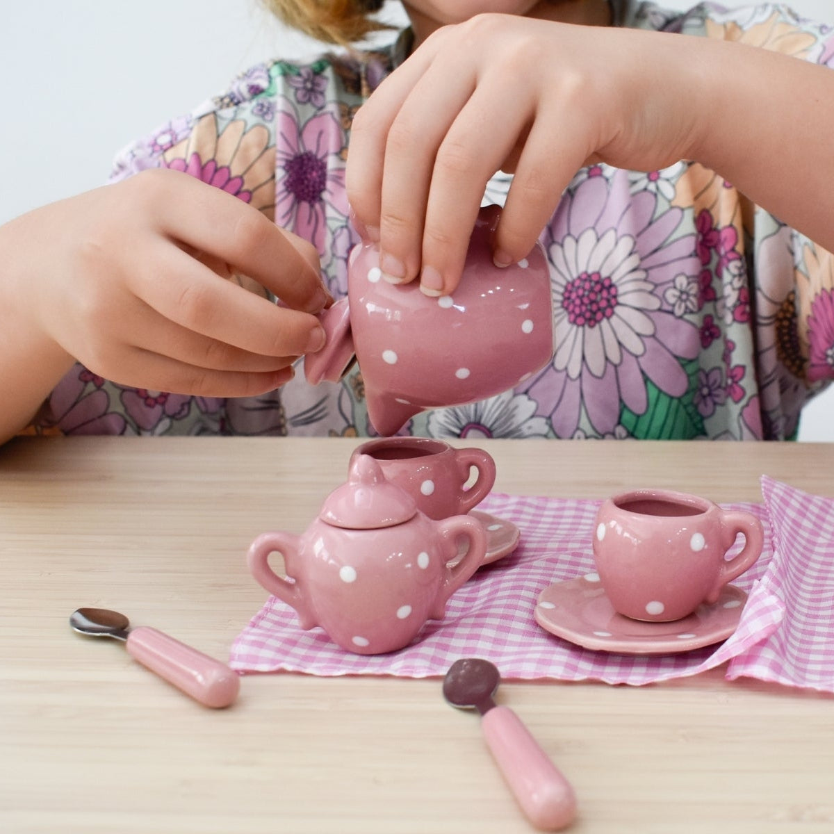 Charming Pink Polka Dot Porcelain Tea Set - 13-Piece Collection