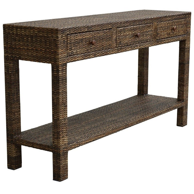 Chic Rattan 3 Drawer Console Table - Antique Brown