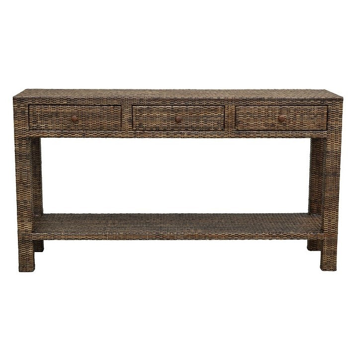 Chic Rattan 3 Drawer Console Table - Antique Brown