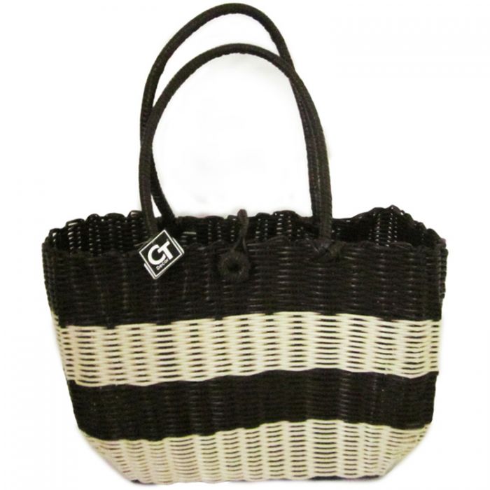 Choc Striped Plastic Weave Shopping Bag - Natural