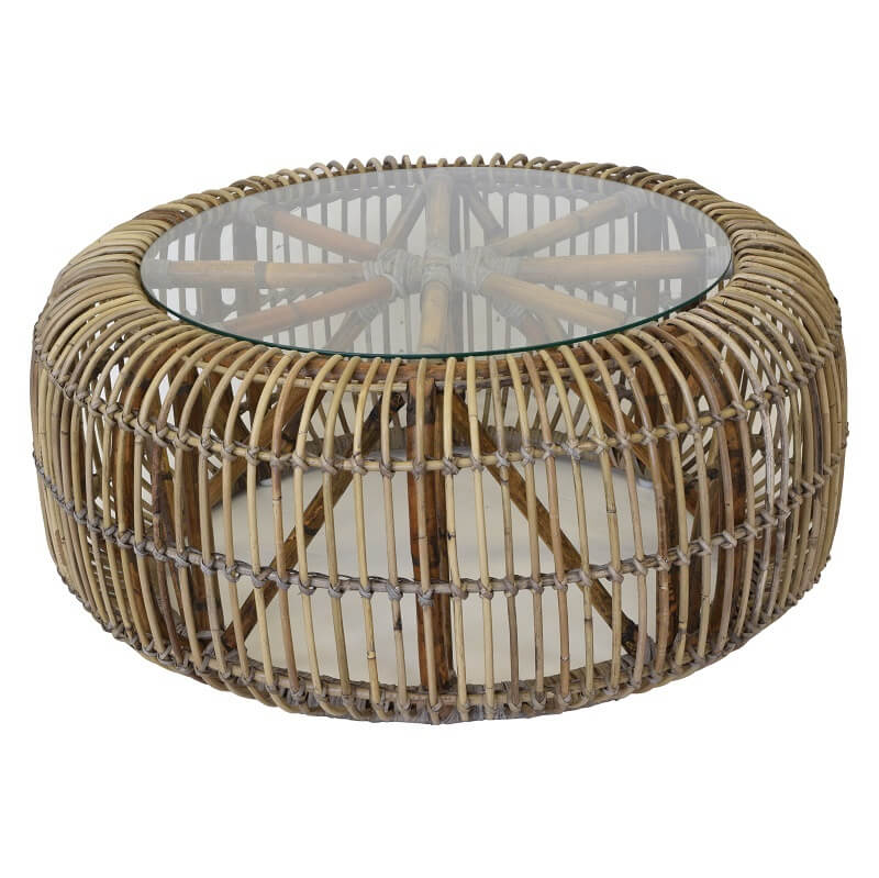 Circular Rattan Coffee Table with Glass Top