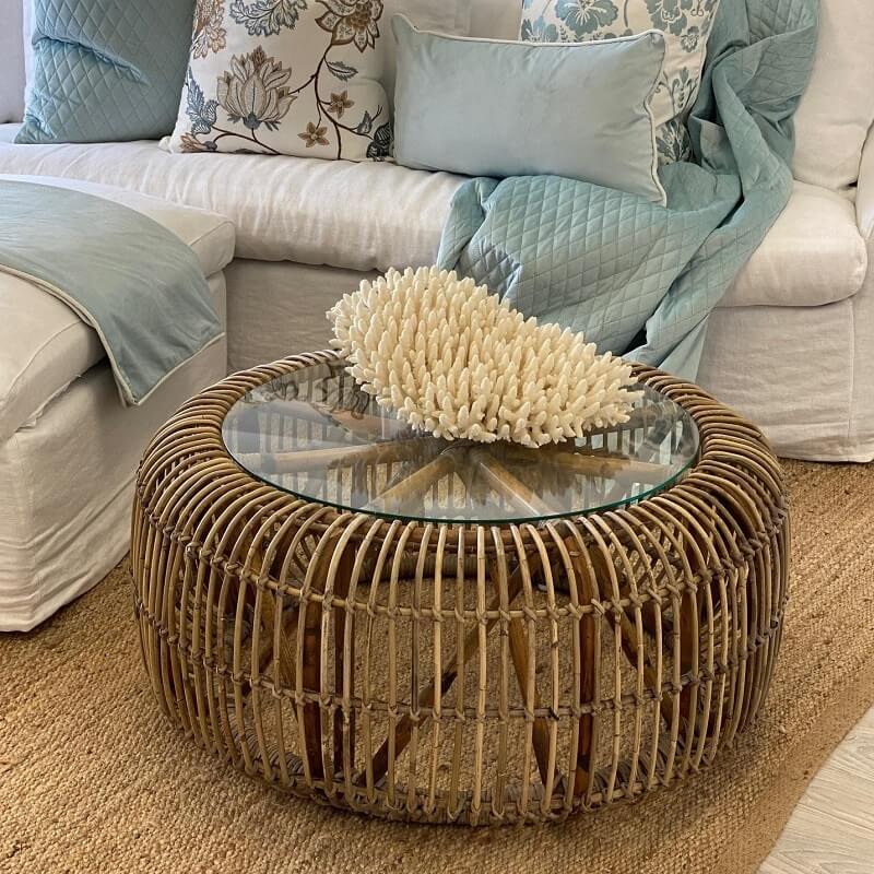 Circular Rattan Coffee Table with Glass Top