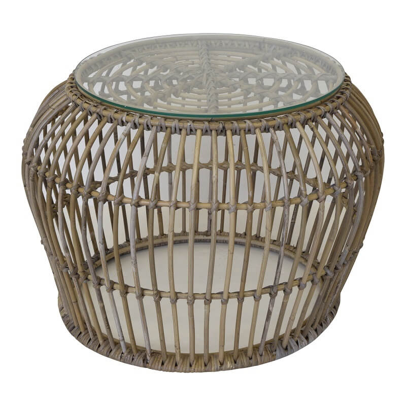 Circular Rattan Side Table with Glass Top