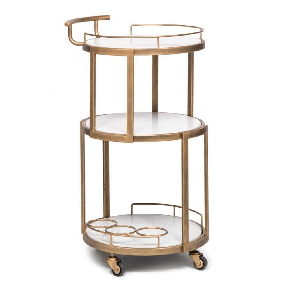 Circular White Marble 3 Tier Drinks Bar Cart