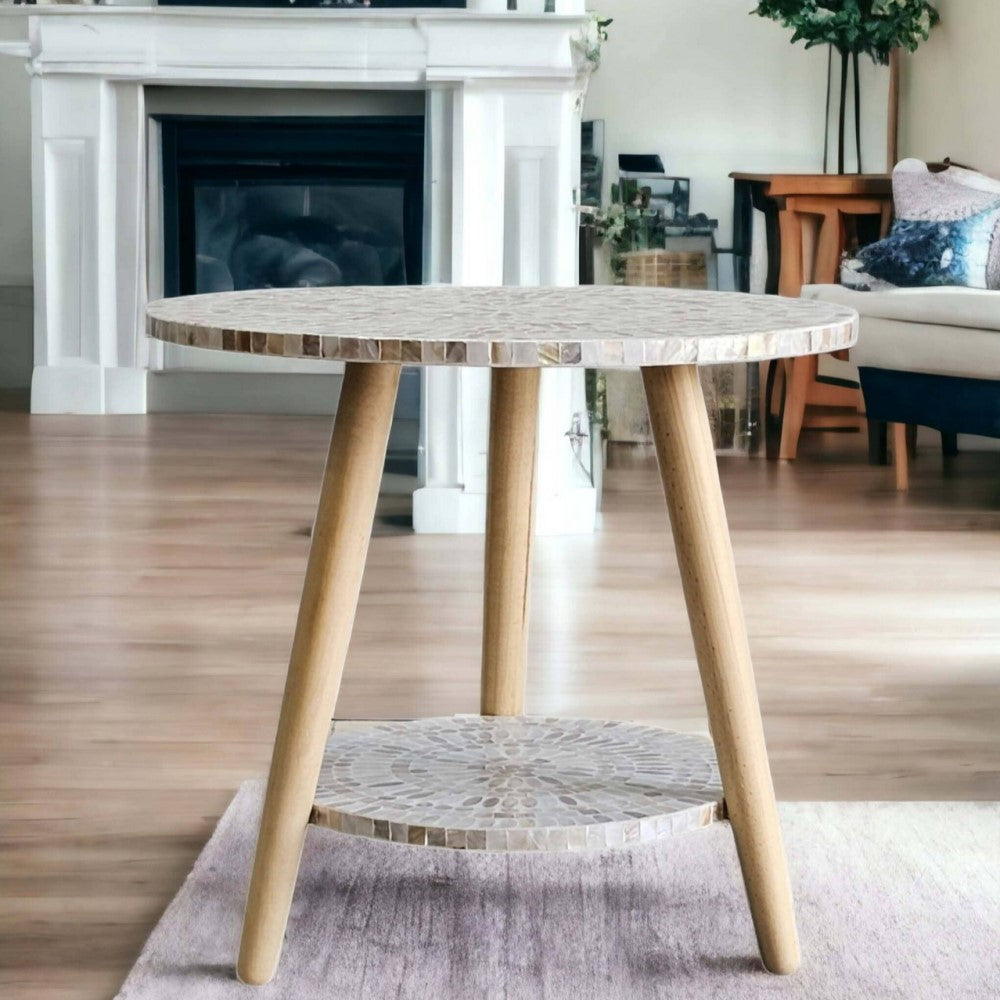 Claire Shell Inlay 2 Tier Side Table Cream & Brown