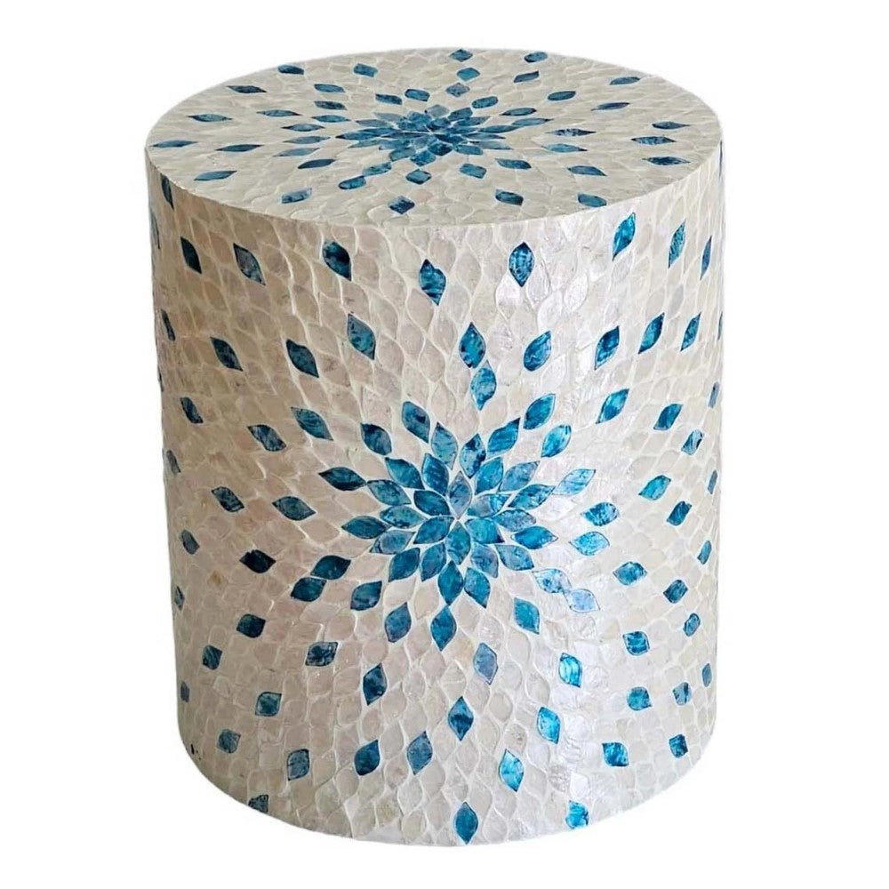 Claire Shell Inlay Cylindrical Stool Side Table Aqua & White