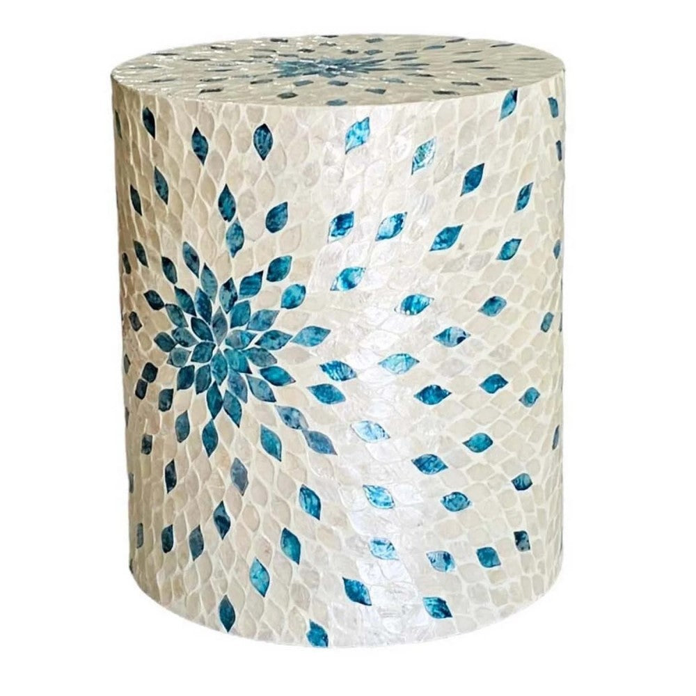 Claire Shell Inlay Cylindrical Stool Side Table Aqua & White