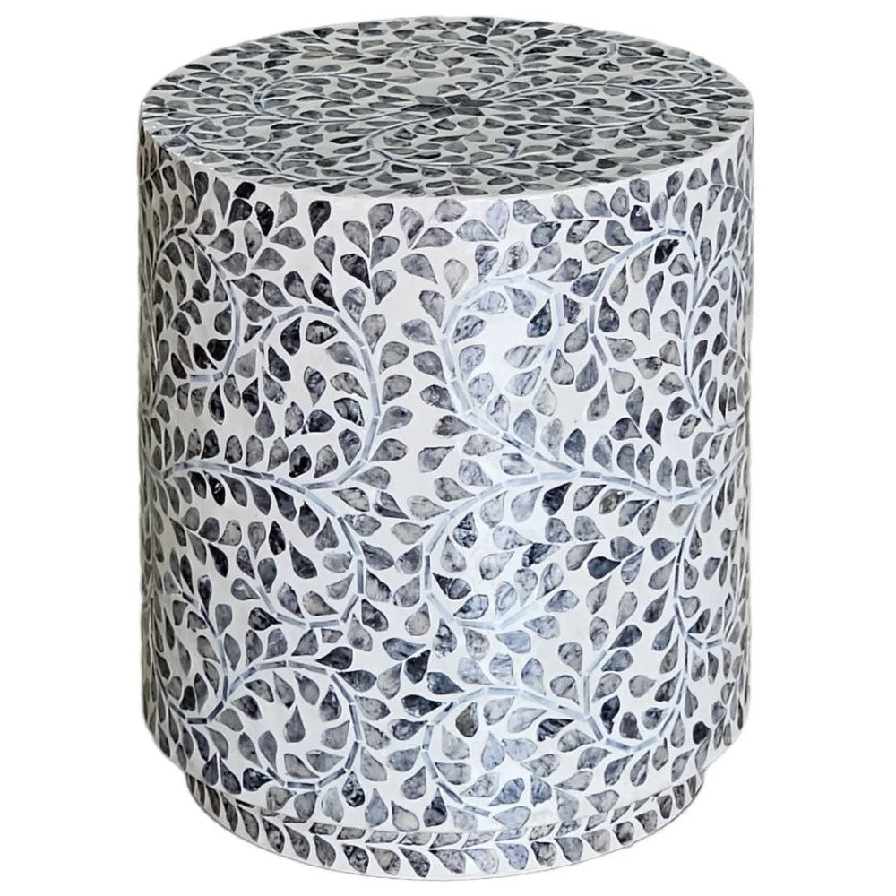 Claire Shell Inlay Cylindrical Stool Side Table Black & White