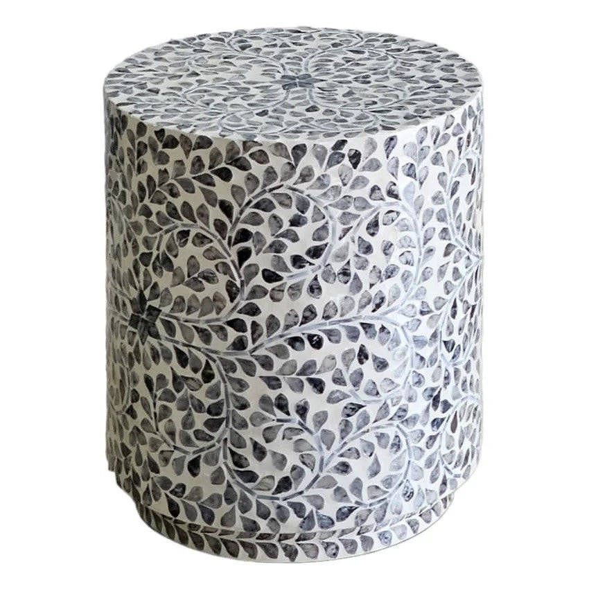 Claire Shell Inlay Cylindrical Stool Side Table Black & White