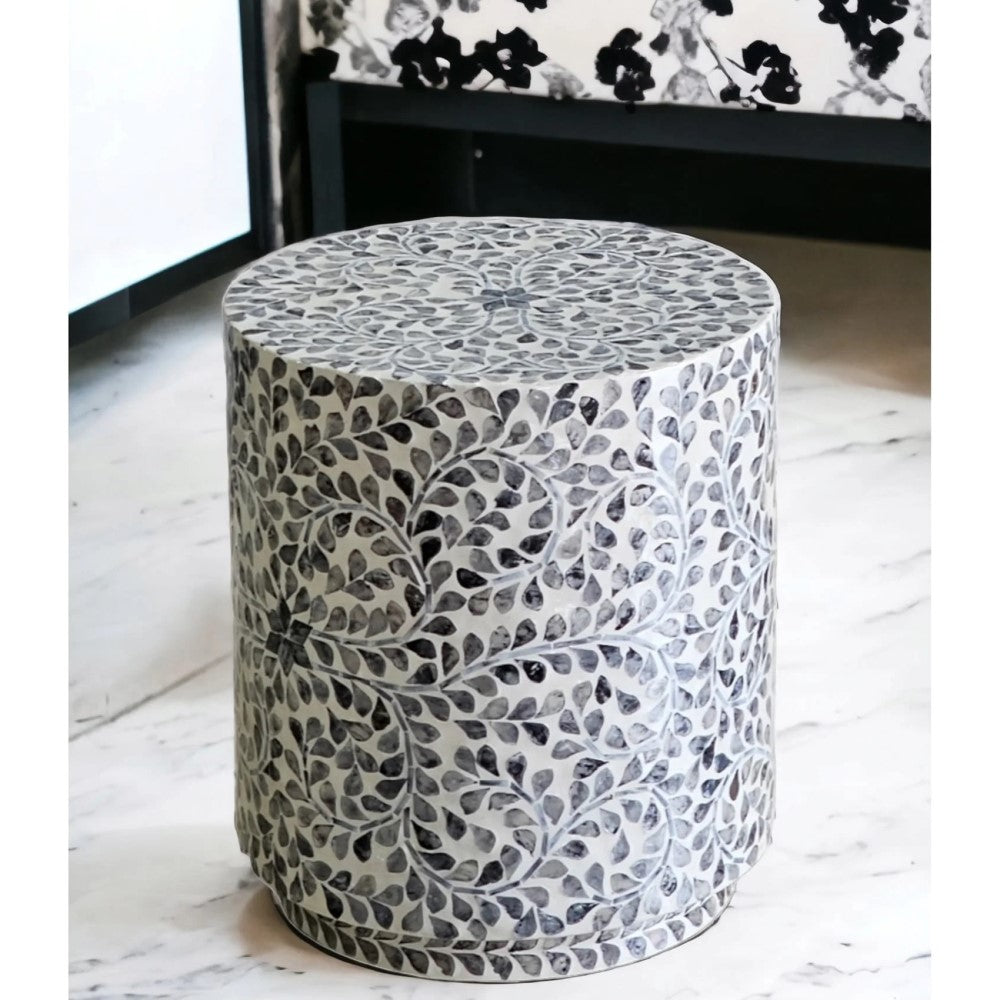 Claire Shell Inlay Cylindrical Stool Side Table Black & White