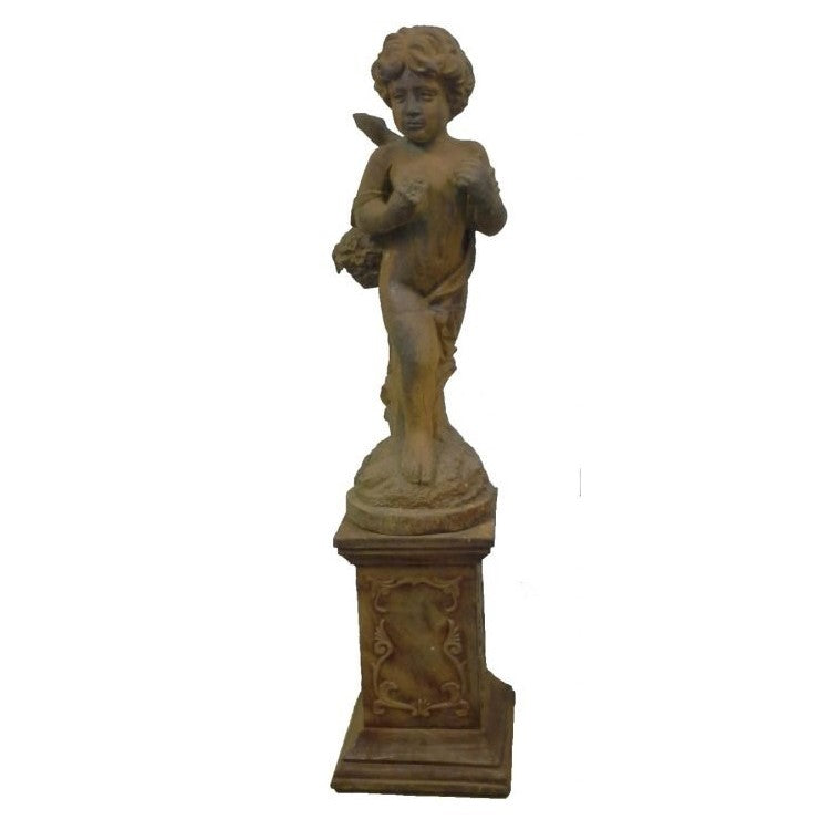 Classic Cast Iron Flower Boy Sculpture On Pedestal