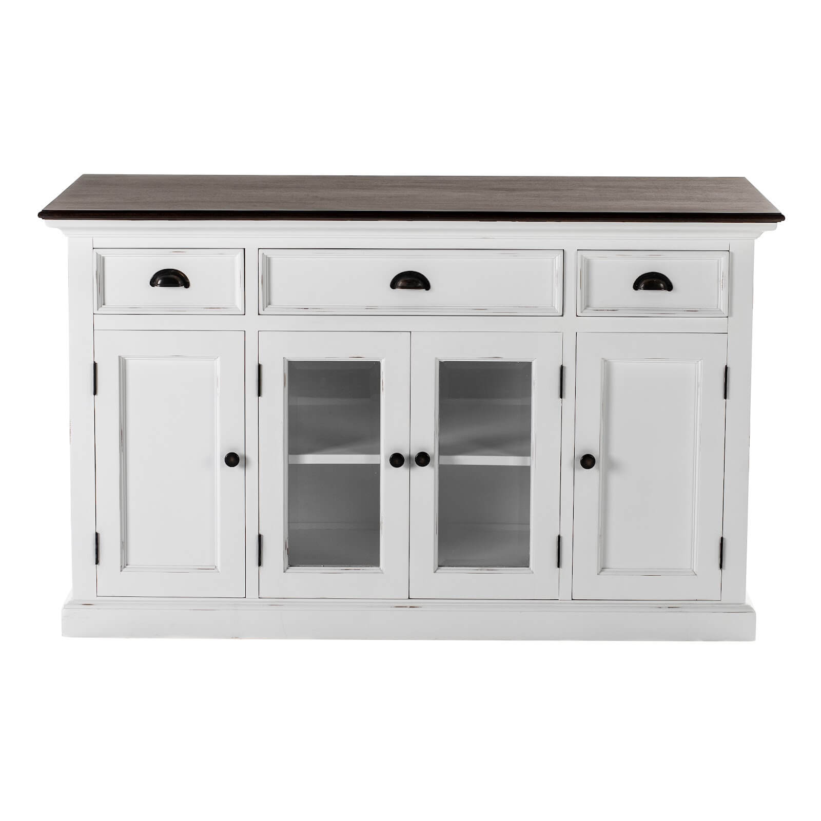 Classic Farmhouse Buffet 3 Drawers 2 + 2 Doors White W/ Brown Top