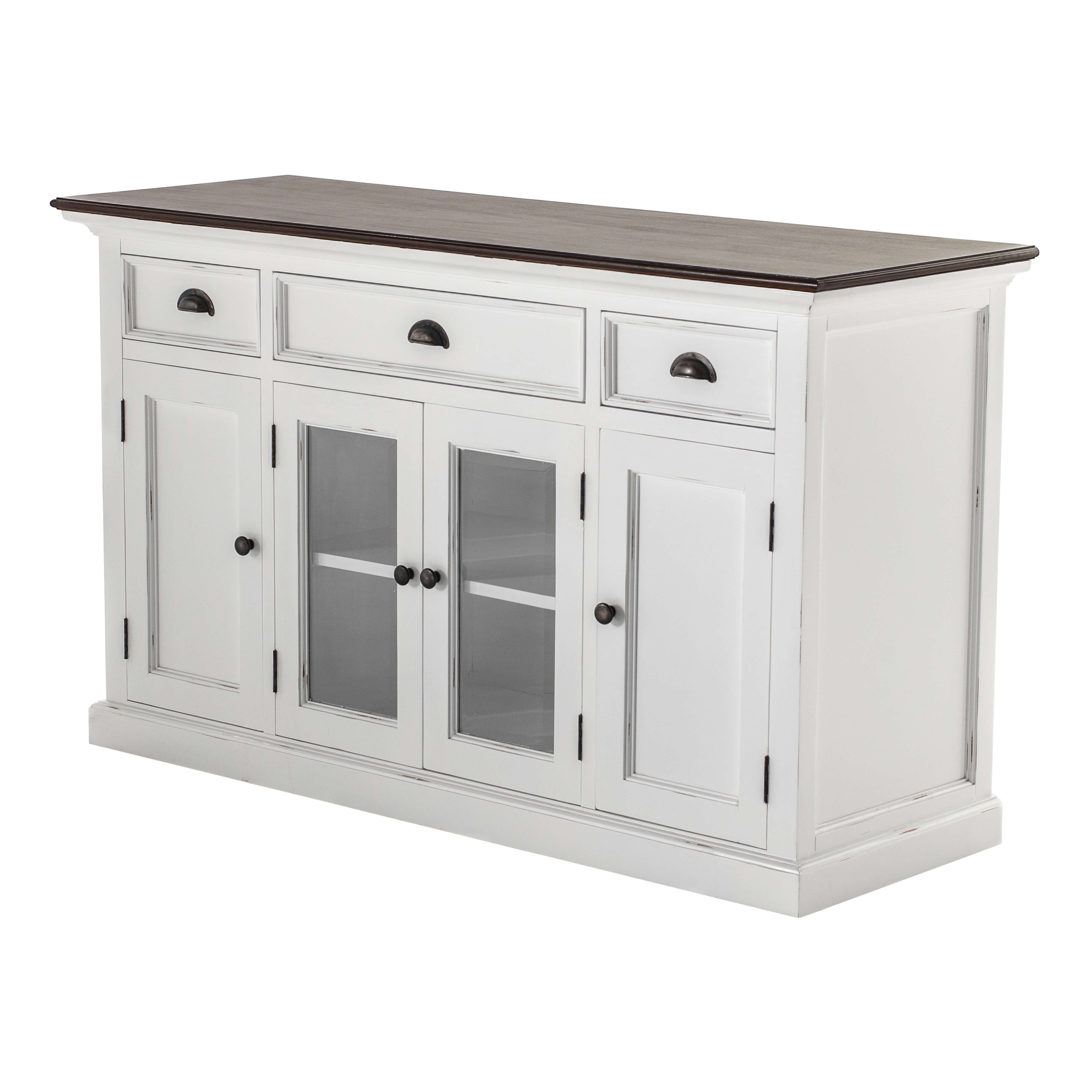 Classic Farmhouse Buffet 3 Drawers 2 + 2 Doors White W/ Brown Top