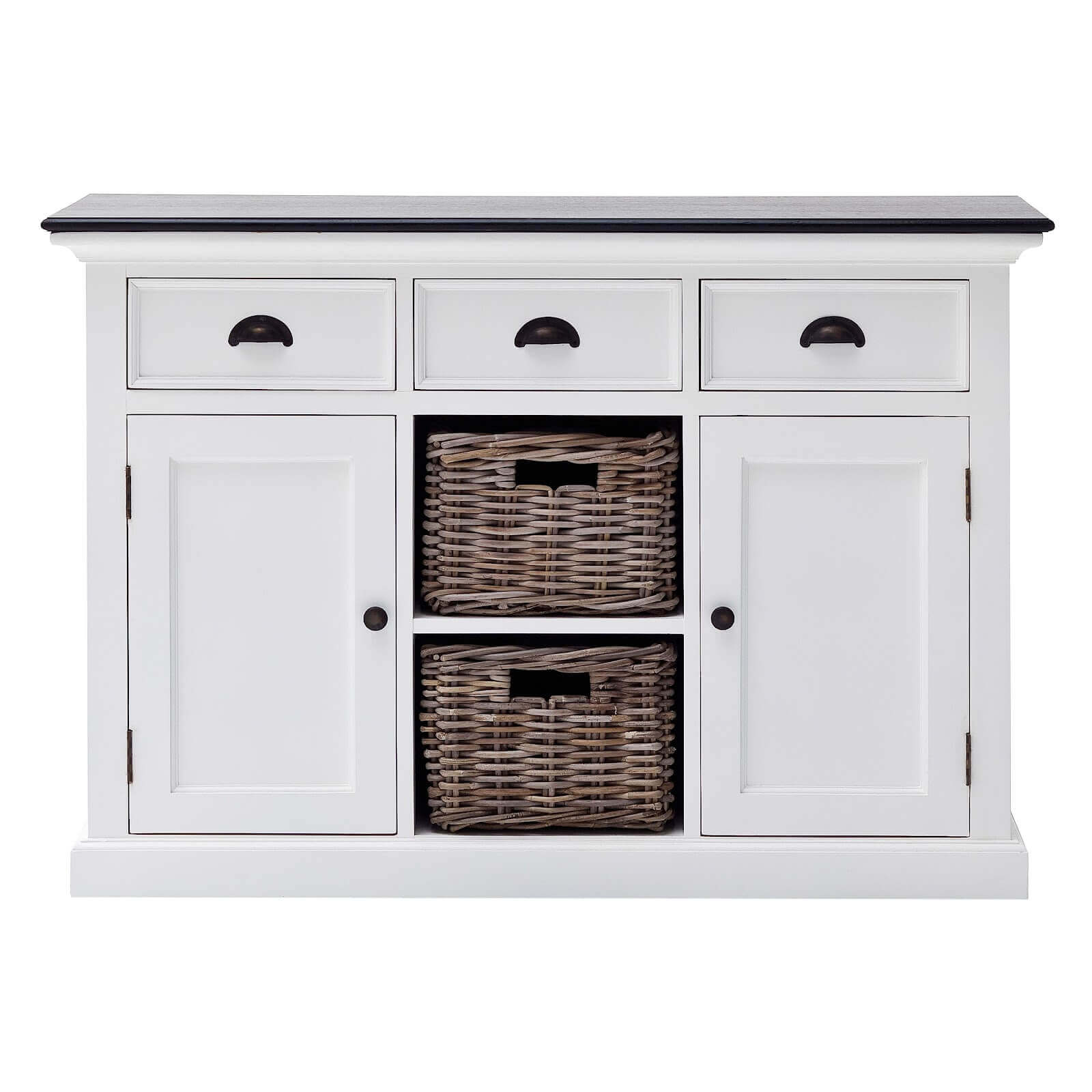 Classic Farmhouse Buffet 3 Drawers, 2 Doors & 2 Baskets Black Top