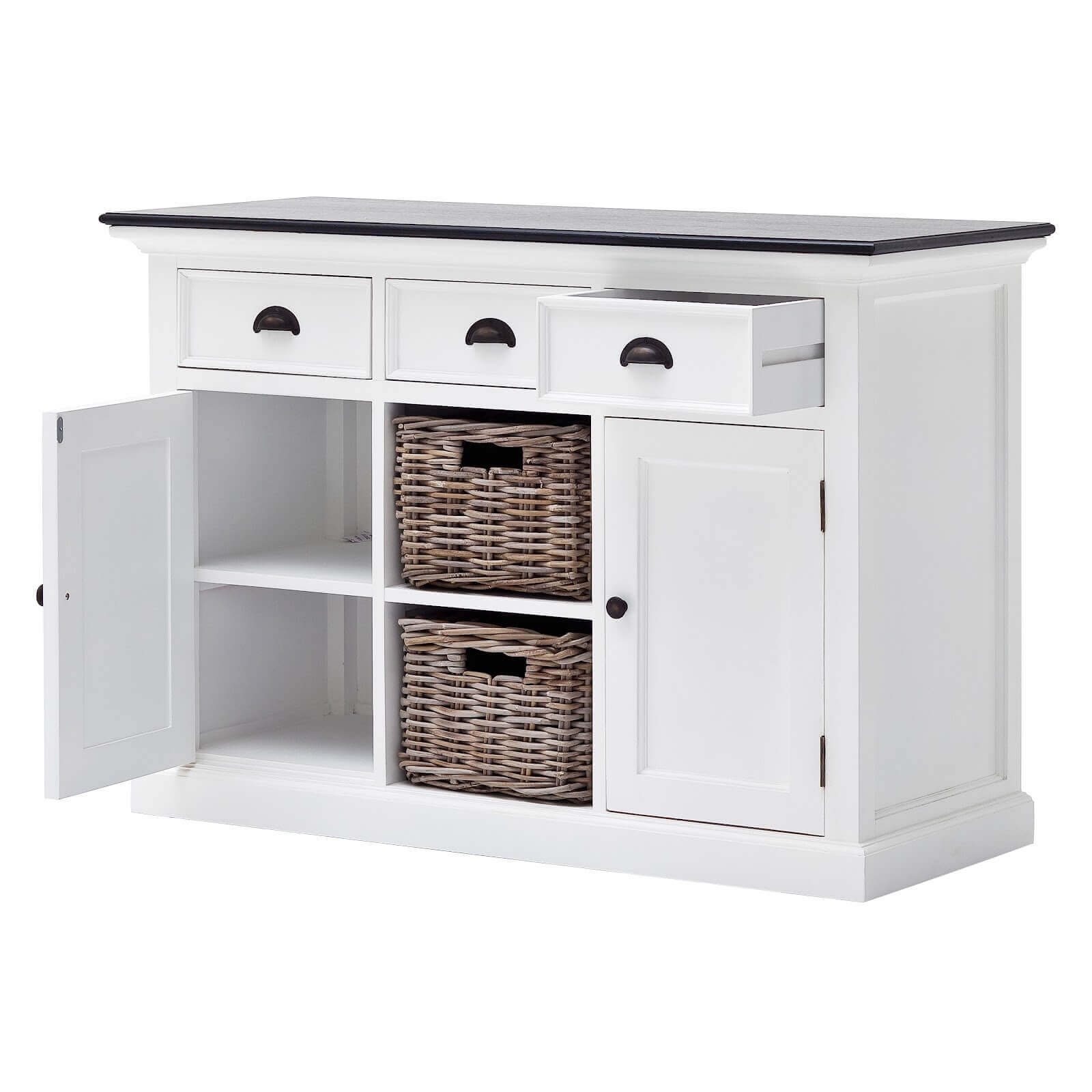 Classic Farmhouse Buffet 3 Drawers, 2 Doors & 2 Baskets Black Top