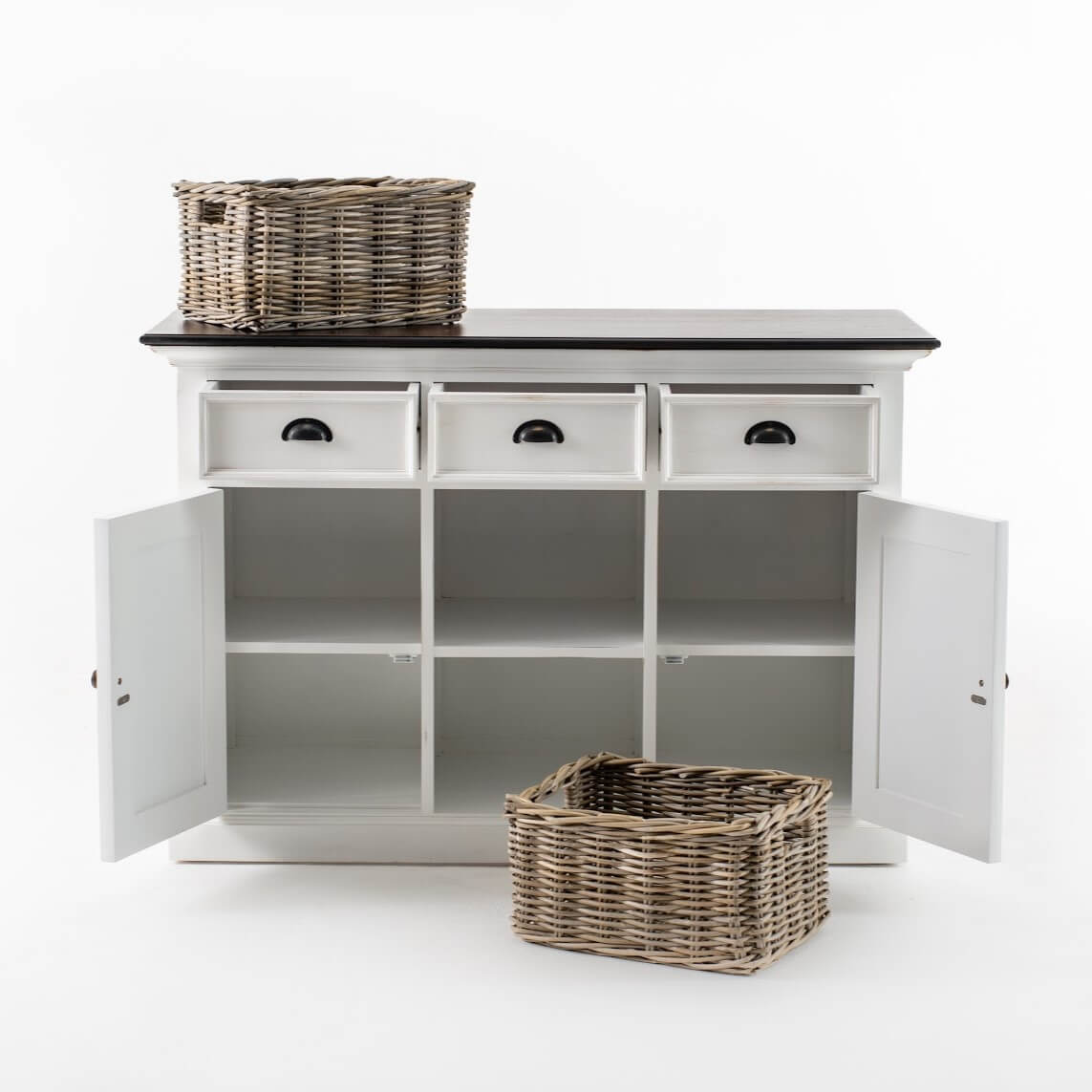 Classic Farmhouse Buffet 3 Drawers, 2 Doors & 2 Baskets Brown Top