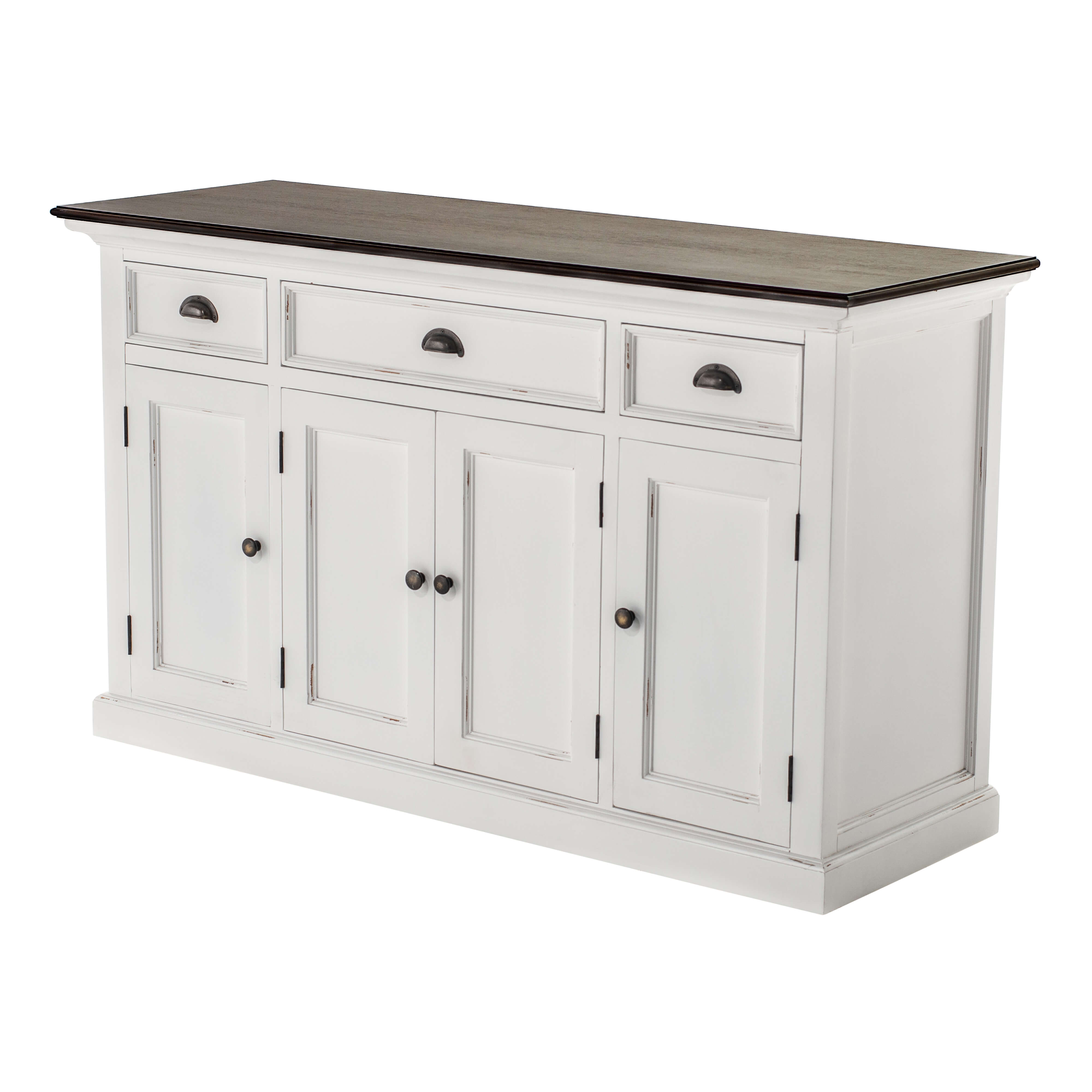 Classic Farmhouse Buffet 3 Drawers & 4 Doors White W/ Brown Top