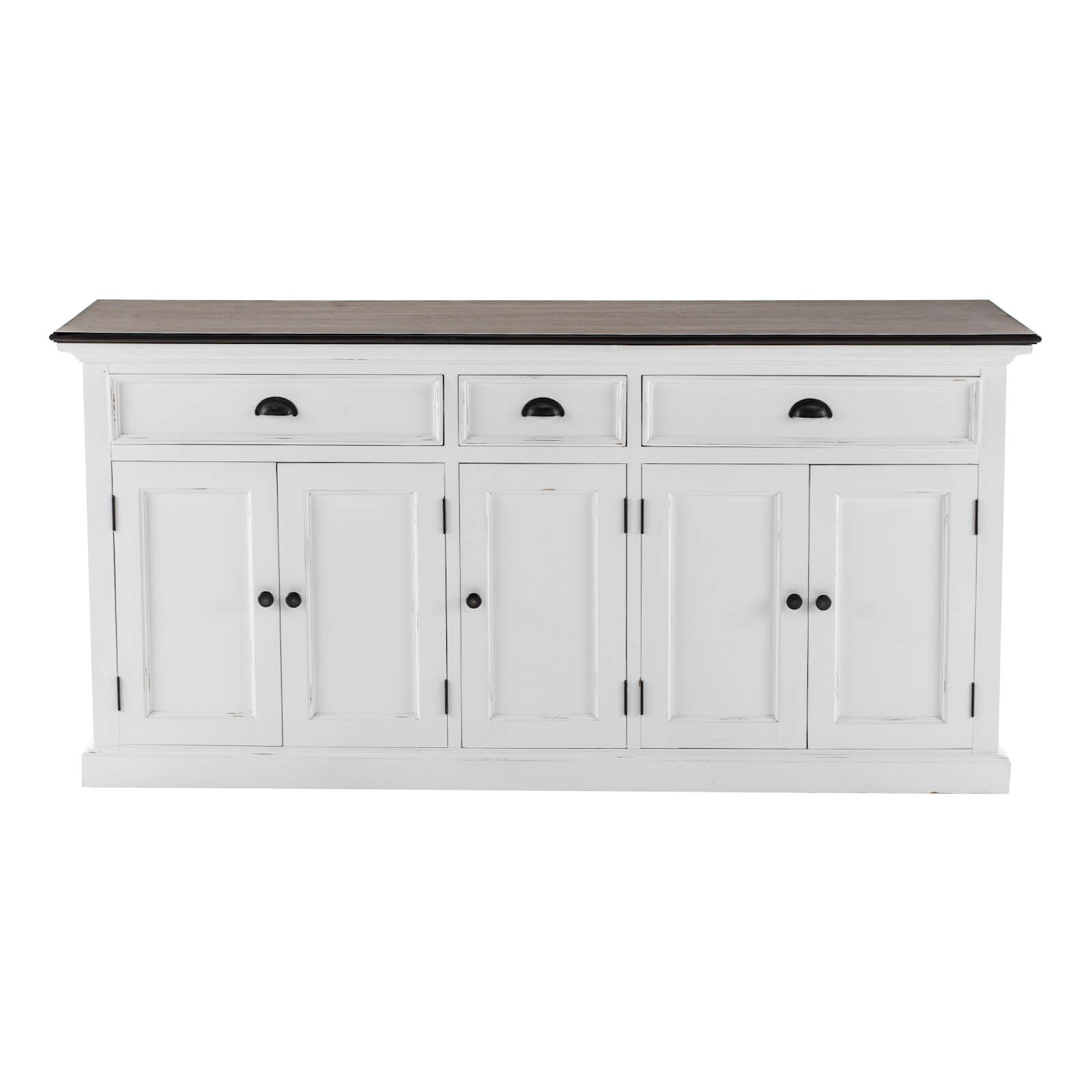 Classic Farmhouse Buffet with 3 Drawers & 5 Doors White W/ Brown Top