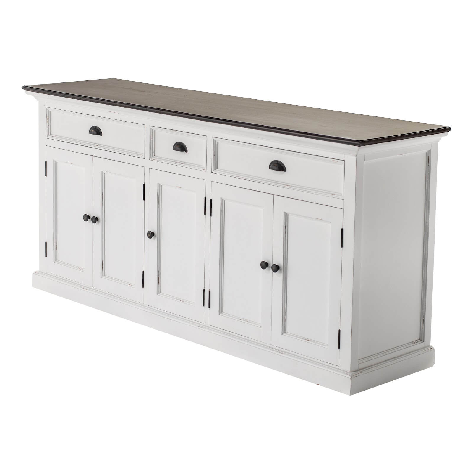 Classic Farmhouse Buffet with 3 Drawers & 5 Doors White W/ Brown Top