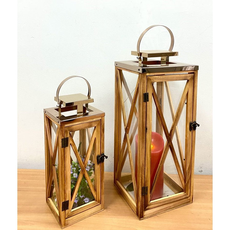 Classical Timber & Metal Candle Holder Lantern - Set of 2