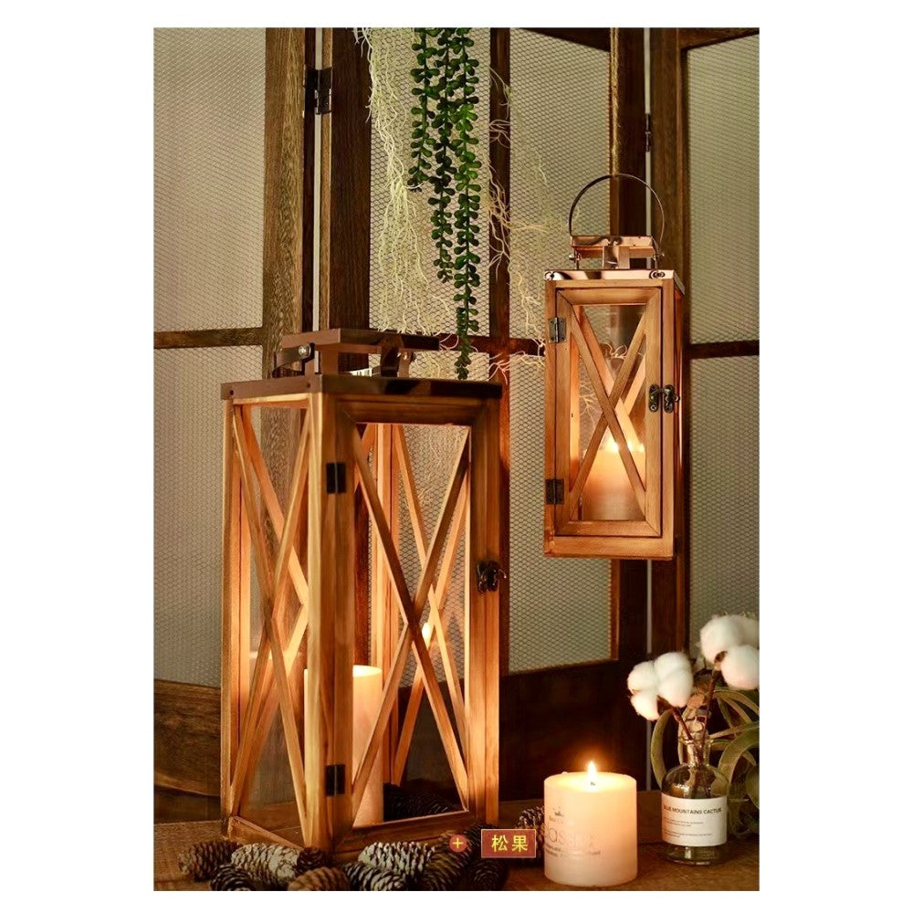 Classical Timber & Metal Candle Holder Lantern - Set of 2