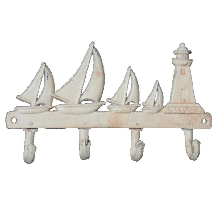 Coastal Charm 4 Hooks Cast Iron Wall Hanging - Antique White