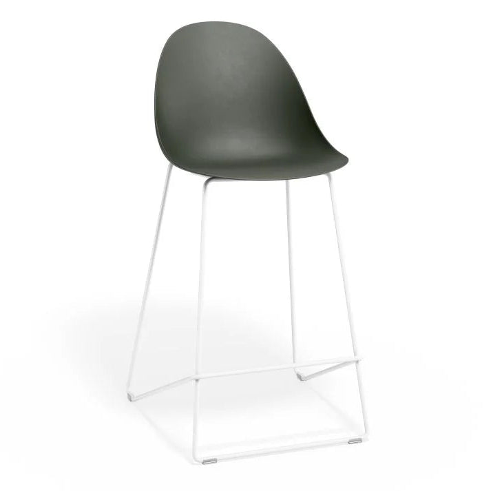 Contemporary Pebble Seat Stool with White Base - Olive Green - 65cms