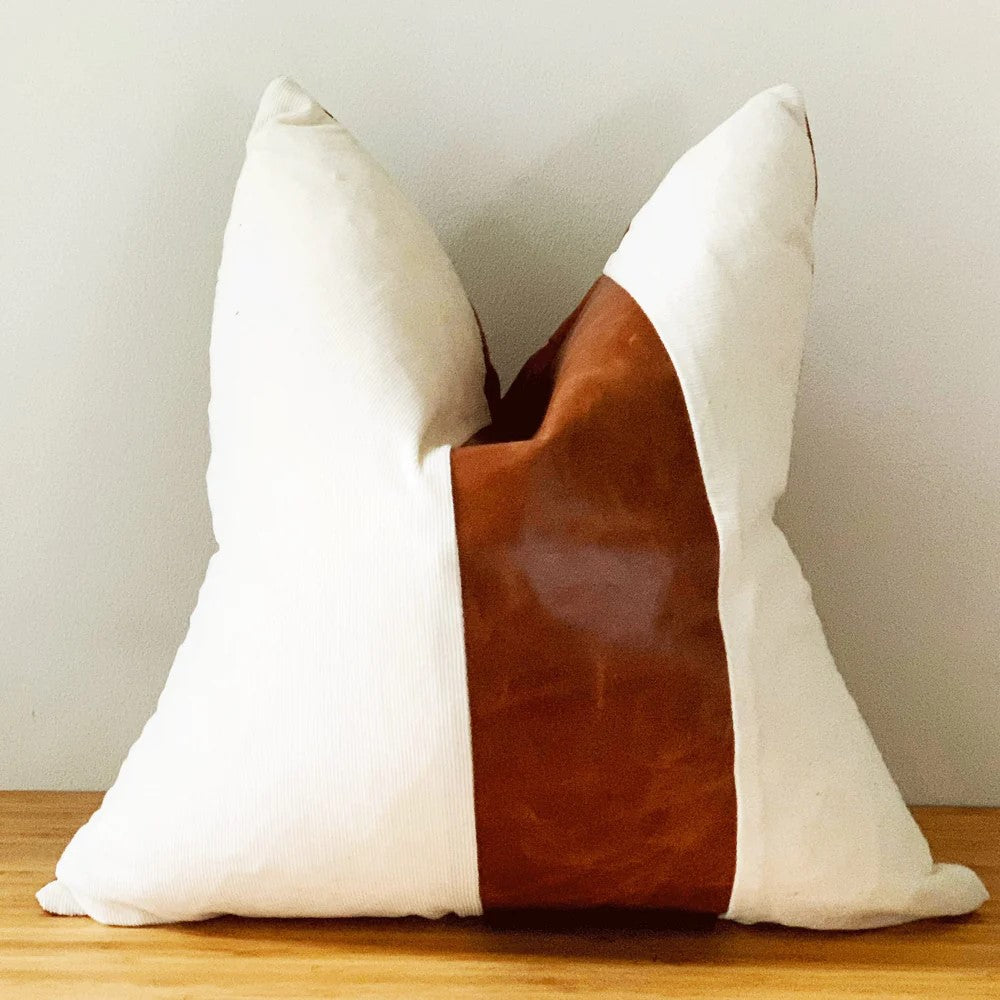 Cotton Leather Patched Cushion Cover 45 x 45cms - White