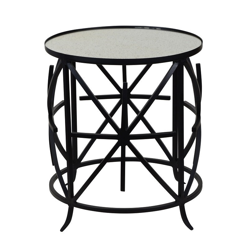 Cross Grille Cylindrical Glass Top Side Table - Black