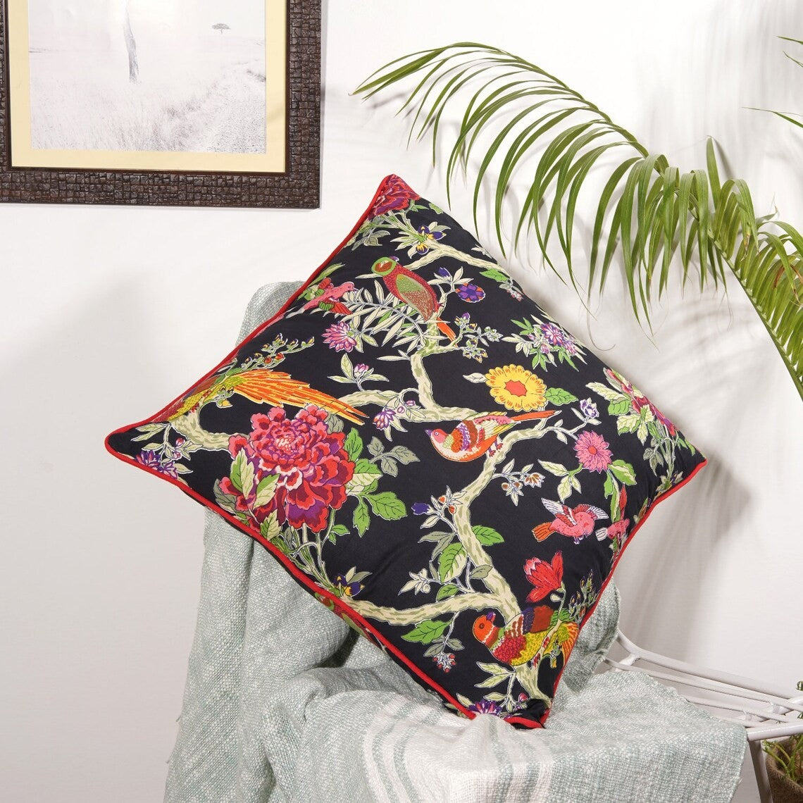 Daisy Dreamscape Cotton Cushion Cover 50 x 50cms - Black