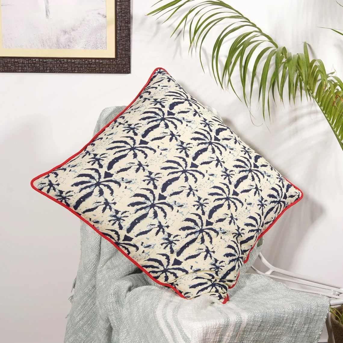 Decorative Block Print Cotton Cushion Cover 50 x 50cms - Blue