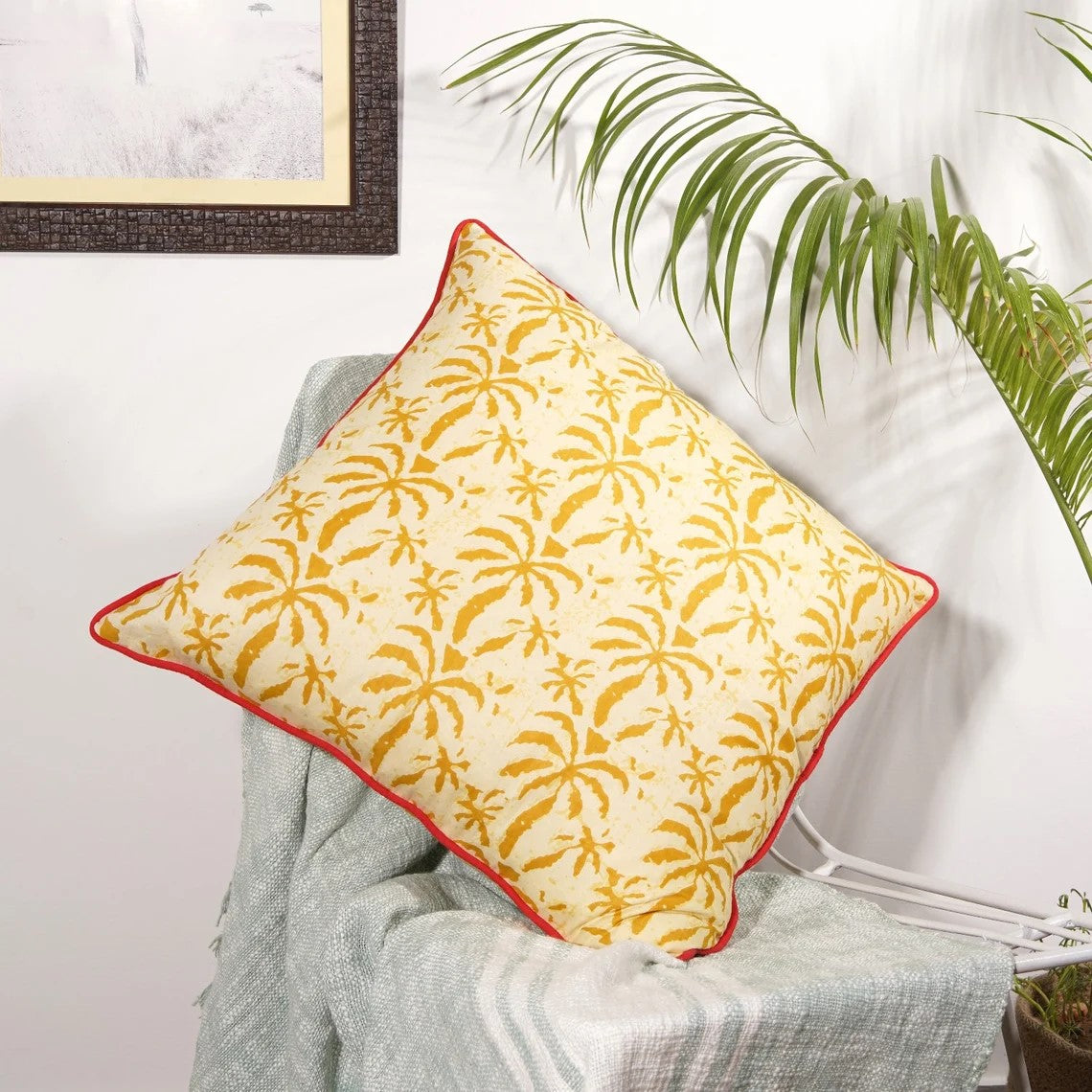 Decorative Block Print Cotton Cushion Cover 50 x 50cms - Yellow