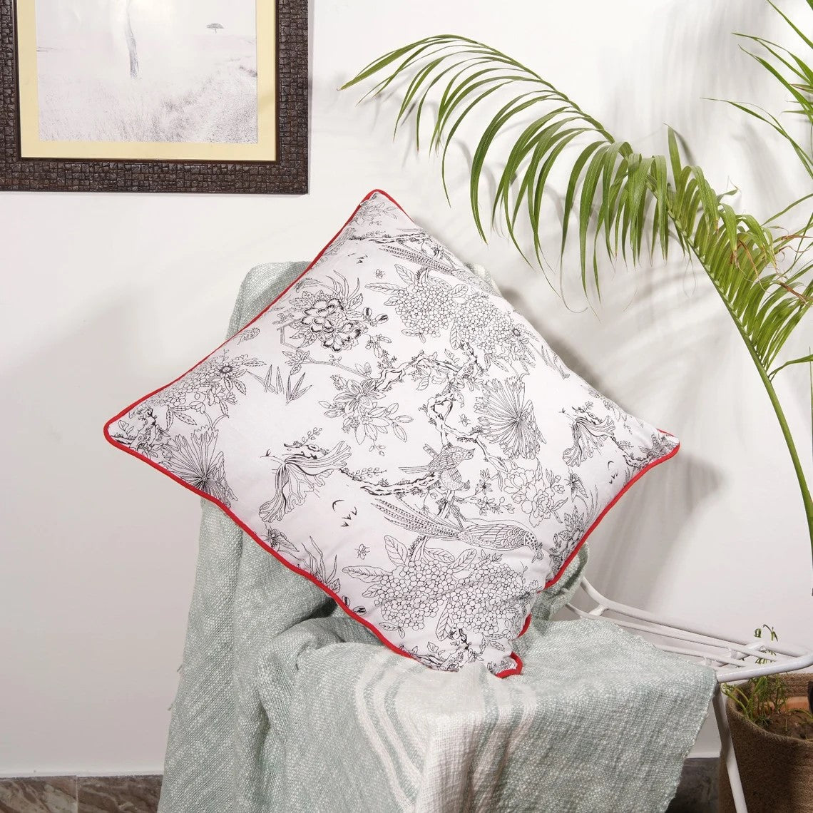 Decorative Blossom Cotton Cushion Cover 50 x 50cms - White