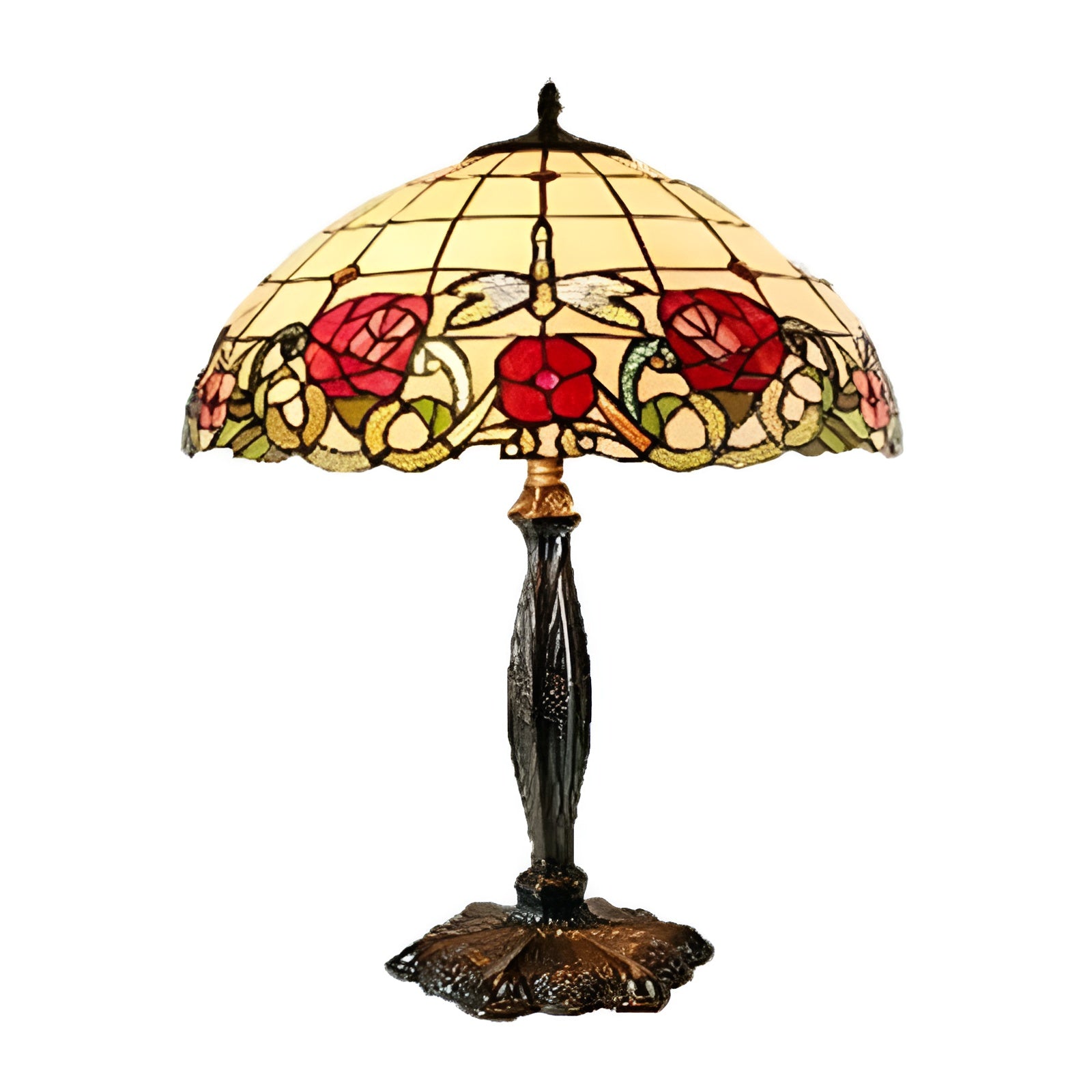 Dragonfly & Roses Tiffany Stained Glass Table Lamp