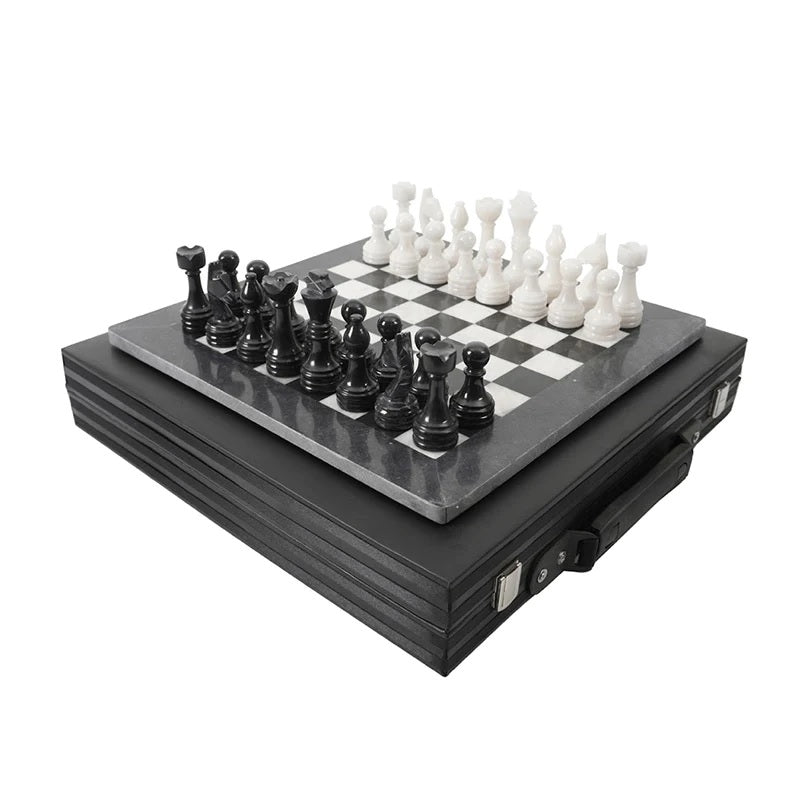 Elegance Handmade Marble Chess Set in Storage Case - Black & White