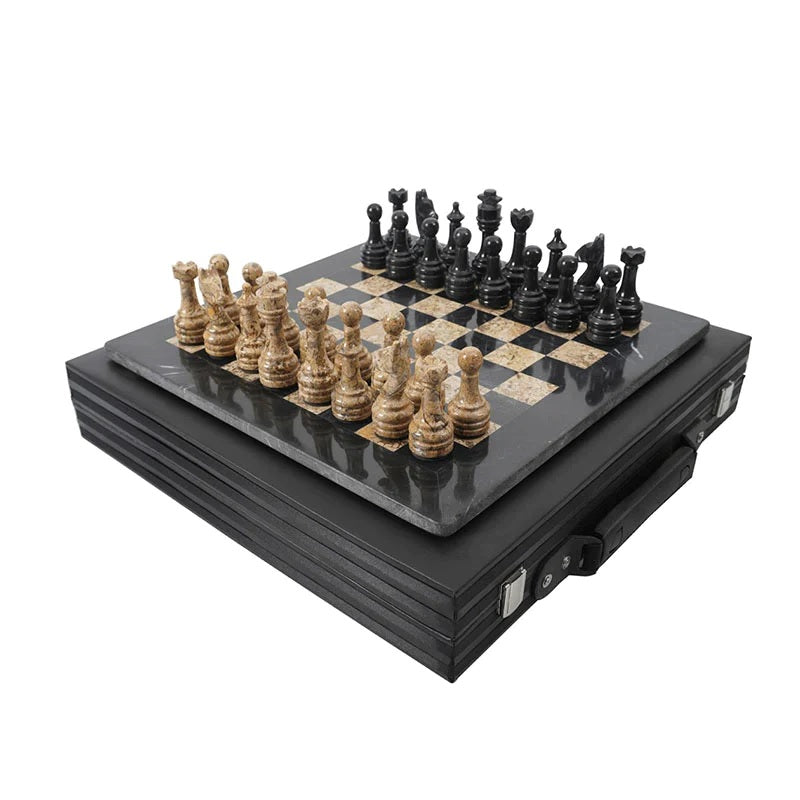 Elegance Handmade Marble Chess Set in Storage Case - Black & Coral