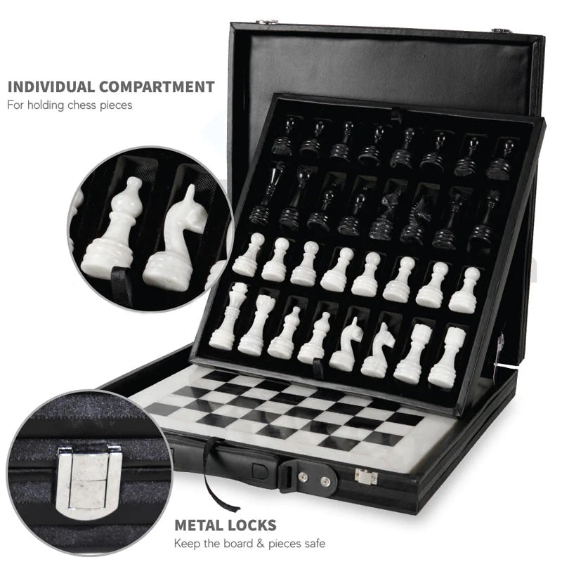 Elegance Handmade Marble Chess Set in Storage Case - White & Black