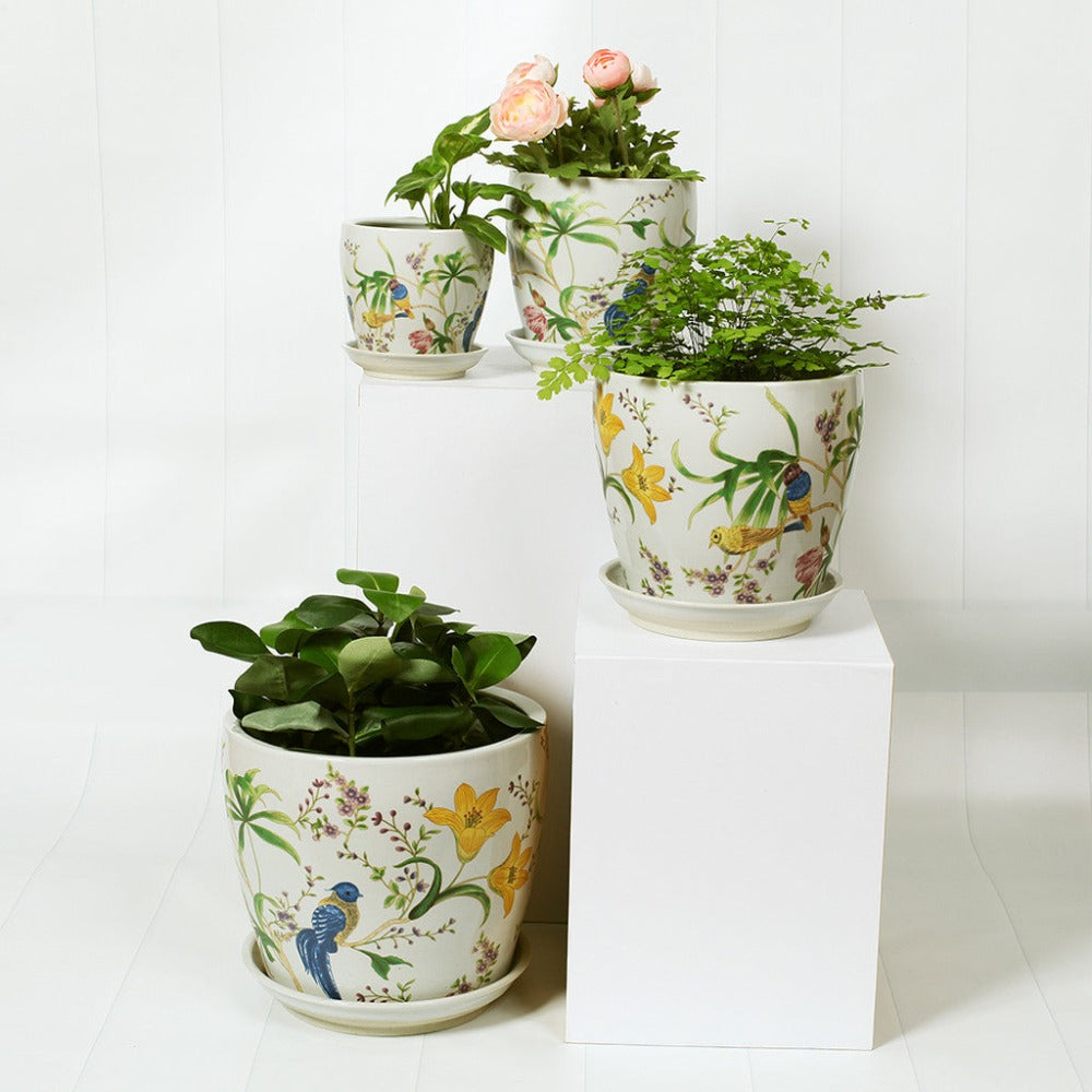 Elegant Bird and Floral Planters - Set of 4