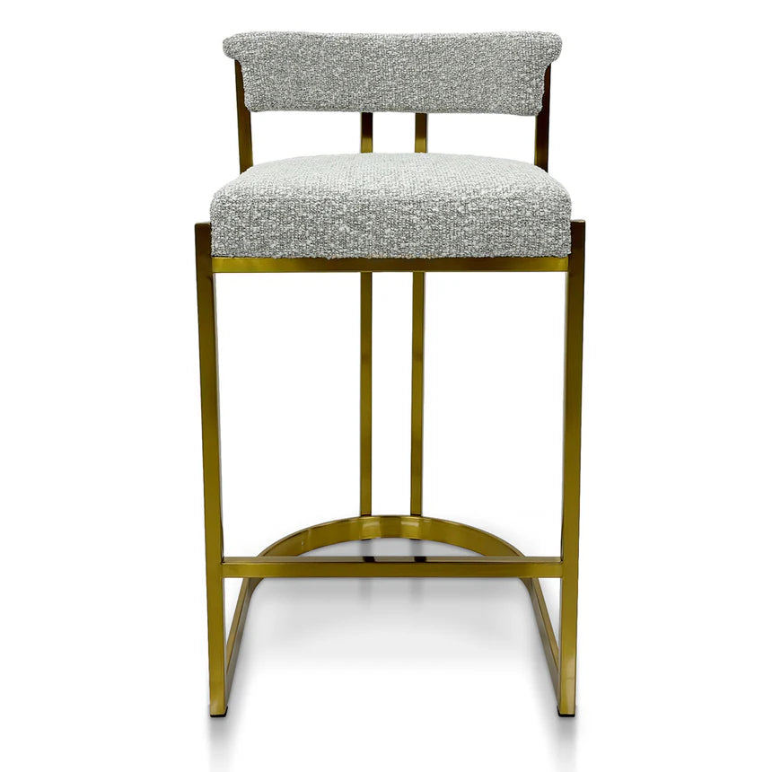 Elegant Contrast Silver Grey Boucle Bar Stool - Golden Base