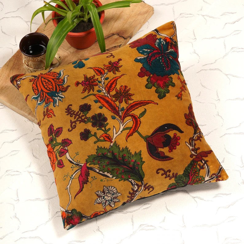 Elegant Floral Inspired Velvet Cushion Cover 45 x 45cms - Yellow