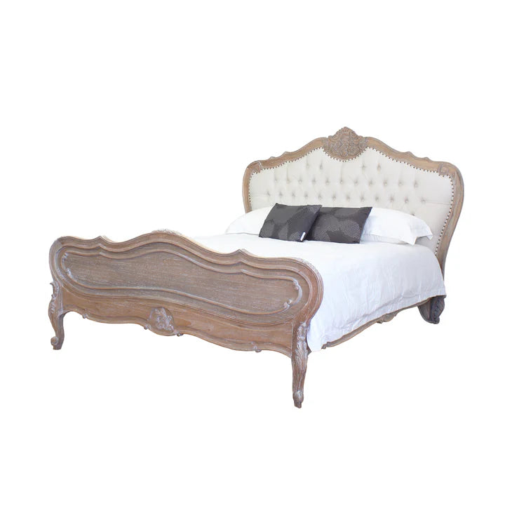 Elegant Louis Upholstered King Size Bed - Weathered Oak