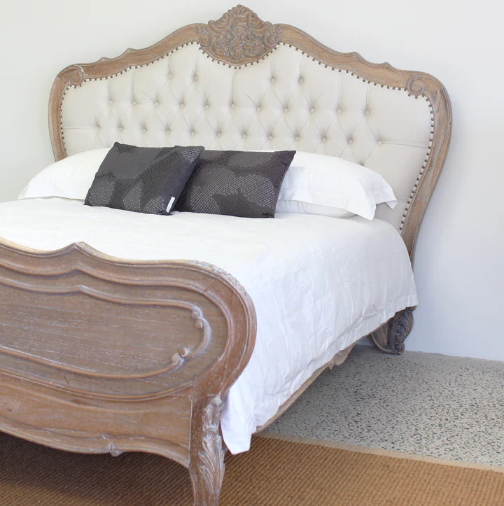 Elegant Louis Upholstered King Size Bed - Weathered Oak