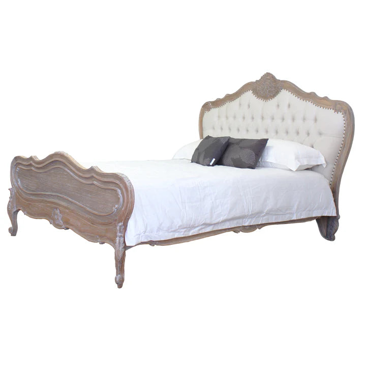 Elegant Louis Upholstered King Size Bed - Weathered Oak