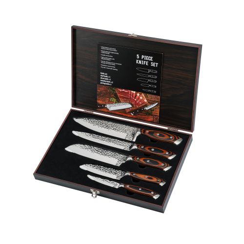 Embossed Blade 5pc Kitchen Knives Set in Wooden Box