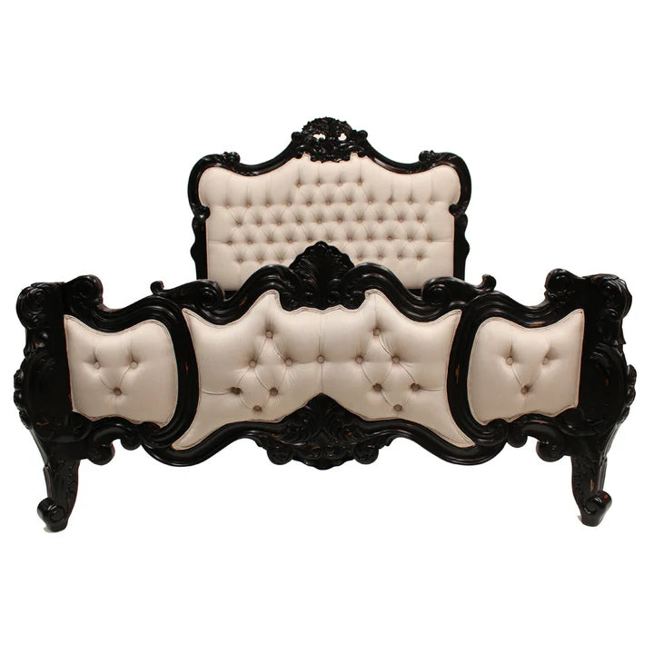 Exquisite Wooden Rococo Queen Size Bed - Distressed Black