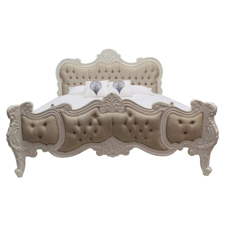 Exquisite Wooden Rococo King Size Bed - Distressed White