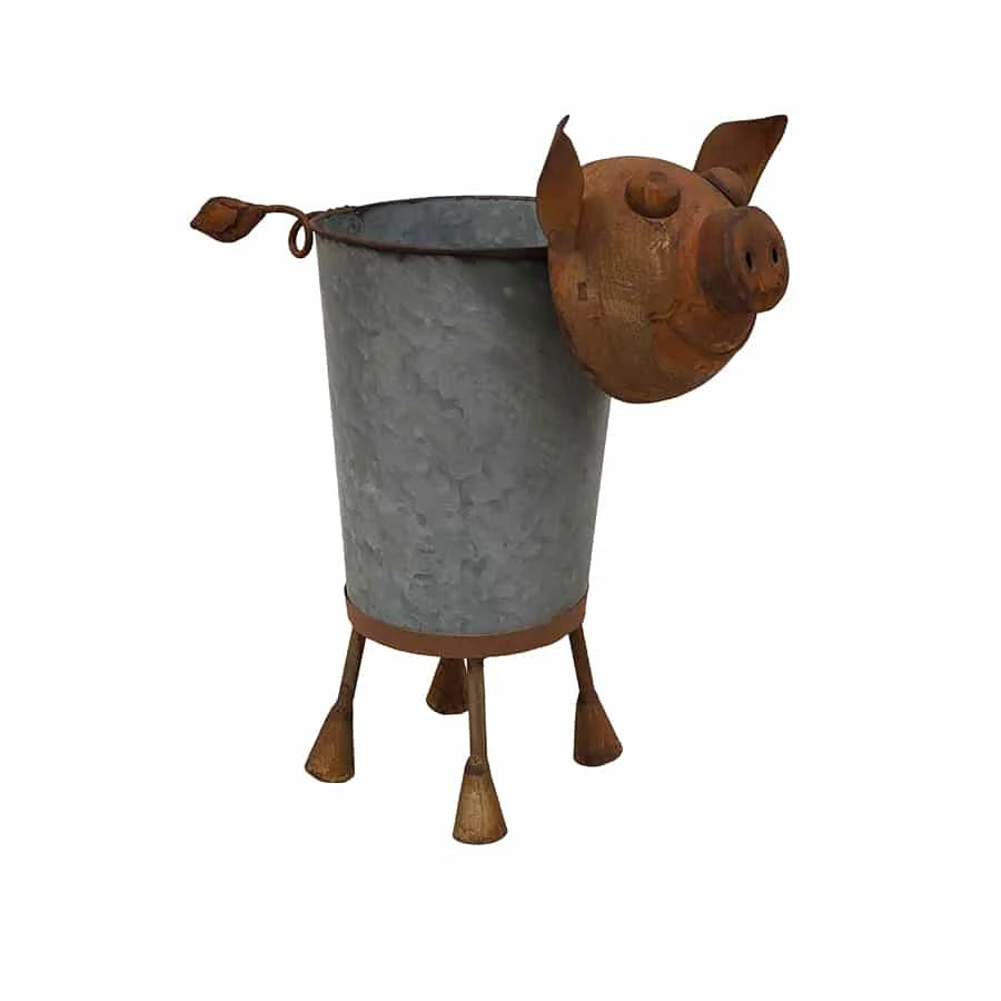 Farmyard Rusty Pig Planter with Galvanized Pot